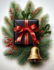 Chic Christmas Design: Golden Bells, Holly Leaves, and Black Gift Isolated on Transparent Background