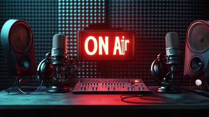 A sleek modern online radio studio with a glowing red "On Air" sign, professional microphones, and headphones ready for a live broadcast.