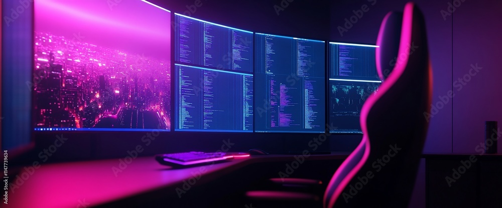Aufkleber futuristic control room with glowing screens displaying city data and code.