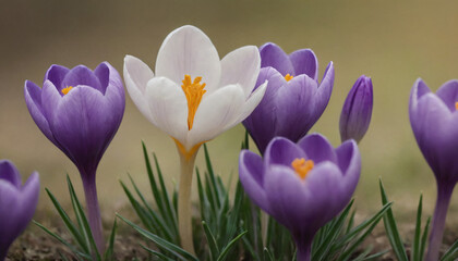 Naklejka premium Vibrant Purple and White Crocus Blooms in Spring