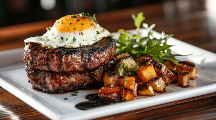 Juicy Beef Patty With Fried Egg and Roasted Vegetables Plated