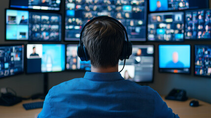 male programmer wearing headphones is focused on multiple screens displaying various data and images. environment suggests high tech workspace