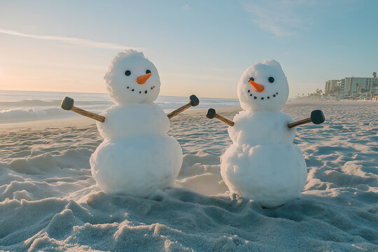 Two cheerful snowmen on sunny winter beach with ocean view, perfect contrast of snow and sand in tropical climate paradox