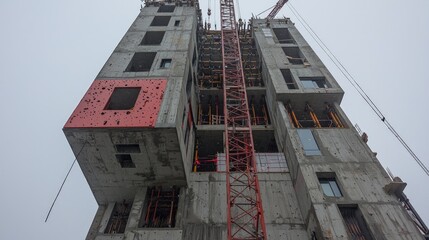Fototapeta premium Concrete high-rise building under construction with a red tower crane under an overcast sky.