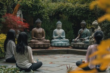 A serene meditation scene with tranquil Buddha statues. Individuals gather in peaceful contemplation. Nature surrounds them, enhancing the calm atmosphere. Generative AI