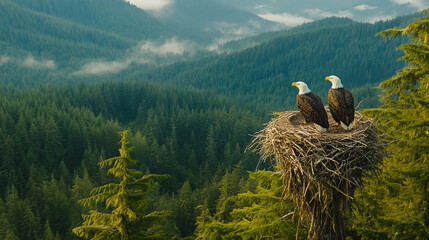 Building massive nest, two bald eagles perch high above lush forest, surrounded by misty mountains. Their majestic presence highlights beauty of nature
