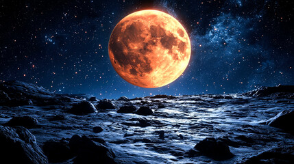 Large orange moon over a rocky, desolate landscape at night.