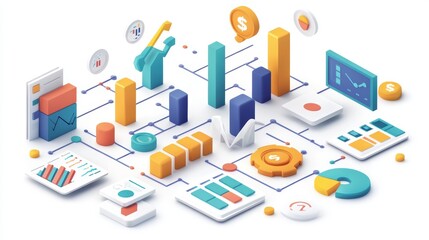 Fototapeta premium Illustration. A pastel-colored digital marketing system, visually representing efficiency and effectiveness, featuring simple icons like graphs and checkmarks, interconnected in a streamlined design