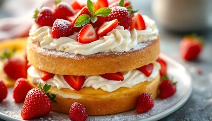Fluffy Sponge Cake with Whipped Cream and Fresh Strawberries
