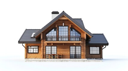 wooden house with solar system isolated on white background
