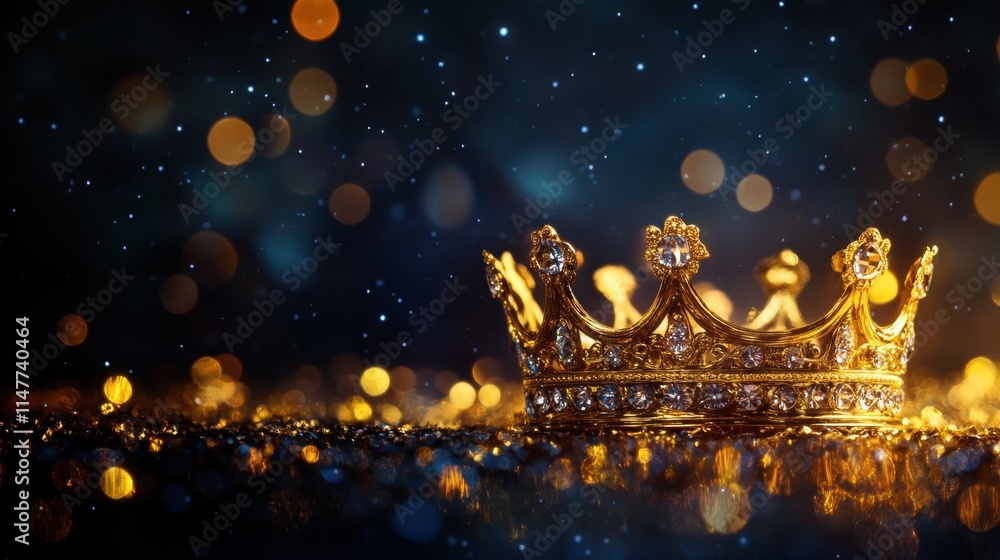 Poster elegant golden crown with sparkling lights and bokeh background