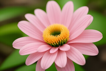 High resolution close up image of a pink flower in a green forest. Focus on the details of the orange flower including its texture flower finish and any safety features. Soft forest background.