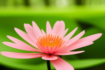 High resolution close up image of a pink flower in a green forest. Focus on the details of the orange flower including its texture flower finish and any safety features. Soft forest background.