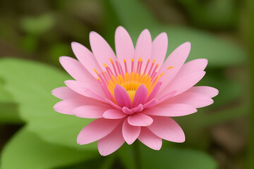 High resolution close up image of a pink flower in a green forest. Focus on the details of the orange flower including its texture flower finish and any safety features. Soft forest background.