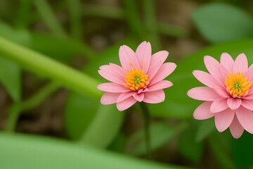 High resolution close up image of a pink flower in a green forest. Focus on the details of the orange flower including its texture flower finish and any safety features. Soft forest background.