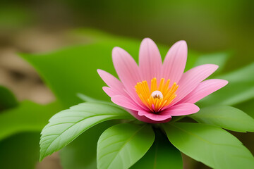 High resolution close up image of a pink flower in a green forest. Focus on the details of the orange flower including its texture flower finish and any safety features. Soft forest background.