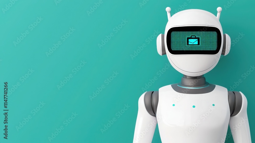 Poster submit tax finance and calculation concept. futuristic robot with a digital display on a teal backgr