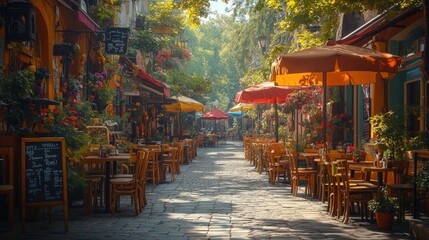 Cobblestone street, outdoor cafe, sunny day.
