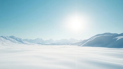 Expansive Winter Landscape with Snow-Covered Mountains and Sun