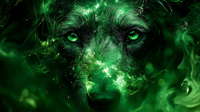 Mystical green wolf portrait.