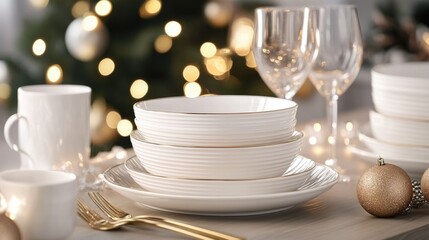 A stylish dinner table with white dinnerware, gold accents, and a festive background with warm lighting, creating an elegant atmosphere.
