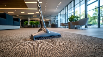 Vacuum cleaner head on carpet in modern office. Illustrates professional cleaning services and workplace hygiene.