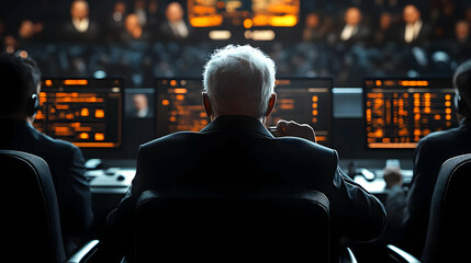 Dark Control Room Illustration:  Man Monitoring Screens
