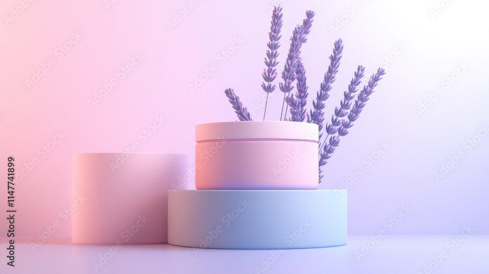 Poster a stylish set of three minimalistic cream jars in pink, lavender, and blue, neatly arranged on a sof