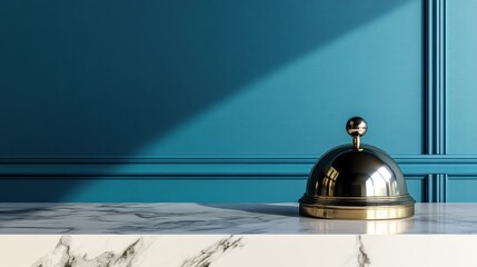A stylish service bell on a glossy marble counter, set against a radiant blue background, exuding a sense of luxury and warmth.