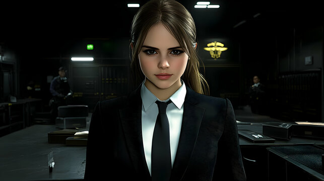3D Render Woman in Black Suit, Dark Office Background