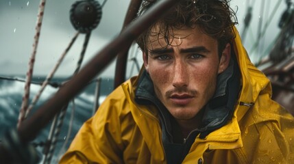 Young man wearing a yellow raincoat, focused and determined, amidst a stormy sea background with dark clouds and raindrops, showcasing resilience and adventure