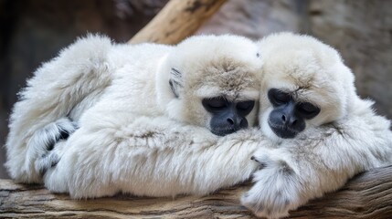 Obraz premium Two White Gibbons Cuddling Closely Together Sleeping