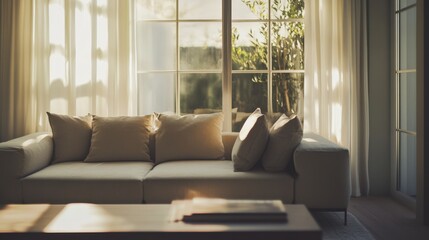 Fototapeta premium Minimalist modern living area with elegant, clean decor. Featuring sleek lines and soft hues