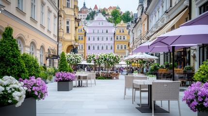 Fototapeta premium Charming European street with colorful buildings, outdoor cafes, and blooming flowers.