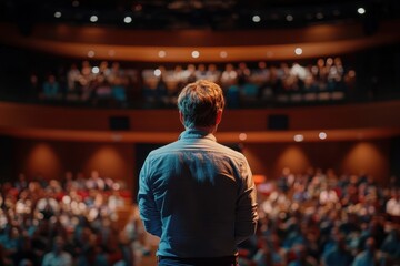 Man giving a presentation to a large audience in a theater. Ideal for concepts of speaking, leadership, or conferences.