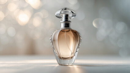 Elegantly Minimalist, A Golden Perfume Bottle Mock Up Displayed Against a Luminous Bokeh Background, Exuding Sophistication and Luxury