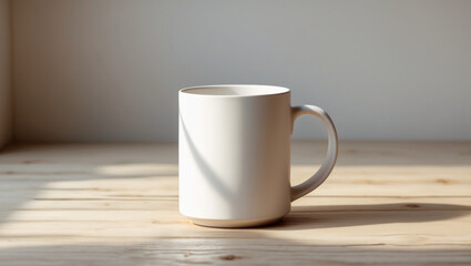 A pristine white ceramic mug Mock up, bathed in the gentle morning light, casts a soft shadow across the light wooden planks, offering a minimalist still life,