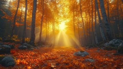 Sunbeams illuminate autumnal forest path.