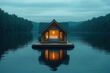 Obraz premium Lakeside floating cabin at dusk, illuminated interior showing bed.