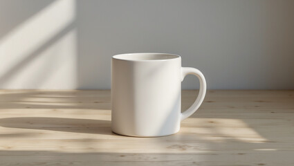 A pristine white ceramic mug Mock up, bathed in the gentle morning light, casts a soft shadow across the light wooden planks, offering a minimalist still life,