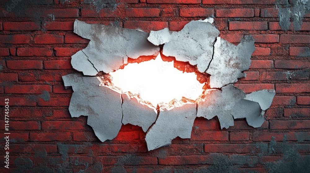 Poster a white glowing hole breaks through a cracked concrete wall, revealing red bricks underneath, creati
