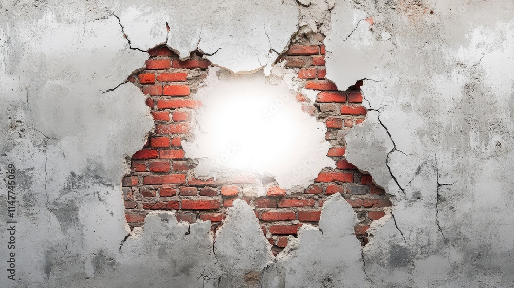 Poster a white glowing hole breaks through a cracked concrete wall, revealing red bricks underneath, creati