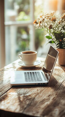 A sleek laptop on a wooden desk with a cup of coffee beside it, minimalist home office, bright natural light, clean and uncluttered design 