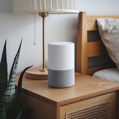 A smart speaker sits on a wooden nightstand next to a lamp and a plant. The bedroom setting is calm and minimalist, with a light wood tone dominating.