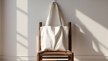 Sunlit Canvas Tote Bag Mock up Displayed on a Wooden Chair, Minimalist Style with Natural Light and Shadows, Perfect for Branding or Mockups