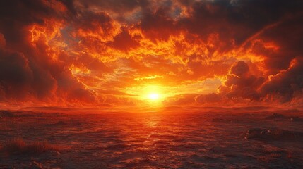 Fiery sunset over dark, calm water.