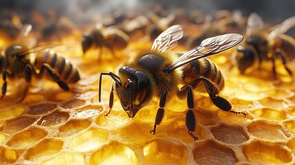 Close-up of busy honeybees on honeycomb, golden light.