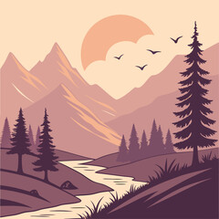 Mountain Valley with River and Sunset Sky