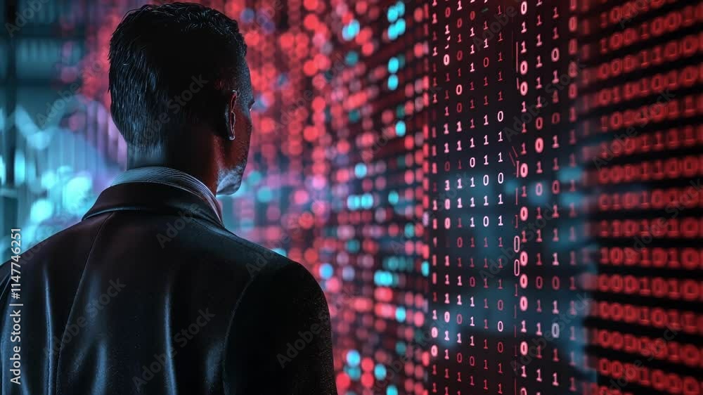 Poster businessman looking at big data binary code flowing on futuristic digital display, concept of digita