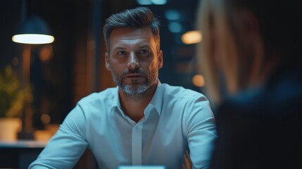 Obraz premium In a contemporary office environment illuminated by soft lighting, two business professionals engage in a focused discussion